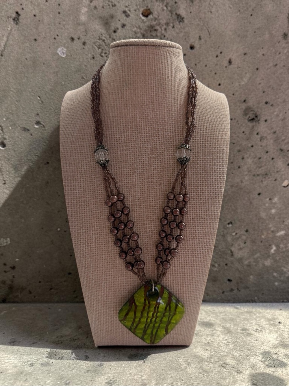Beaded Brown Necklace with Green Resin Pendant